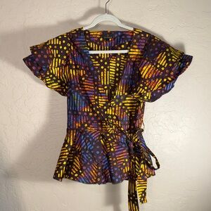 Ditanu African print ruffle sleeve wrap shirt size large
